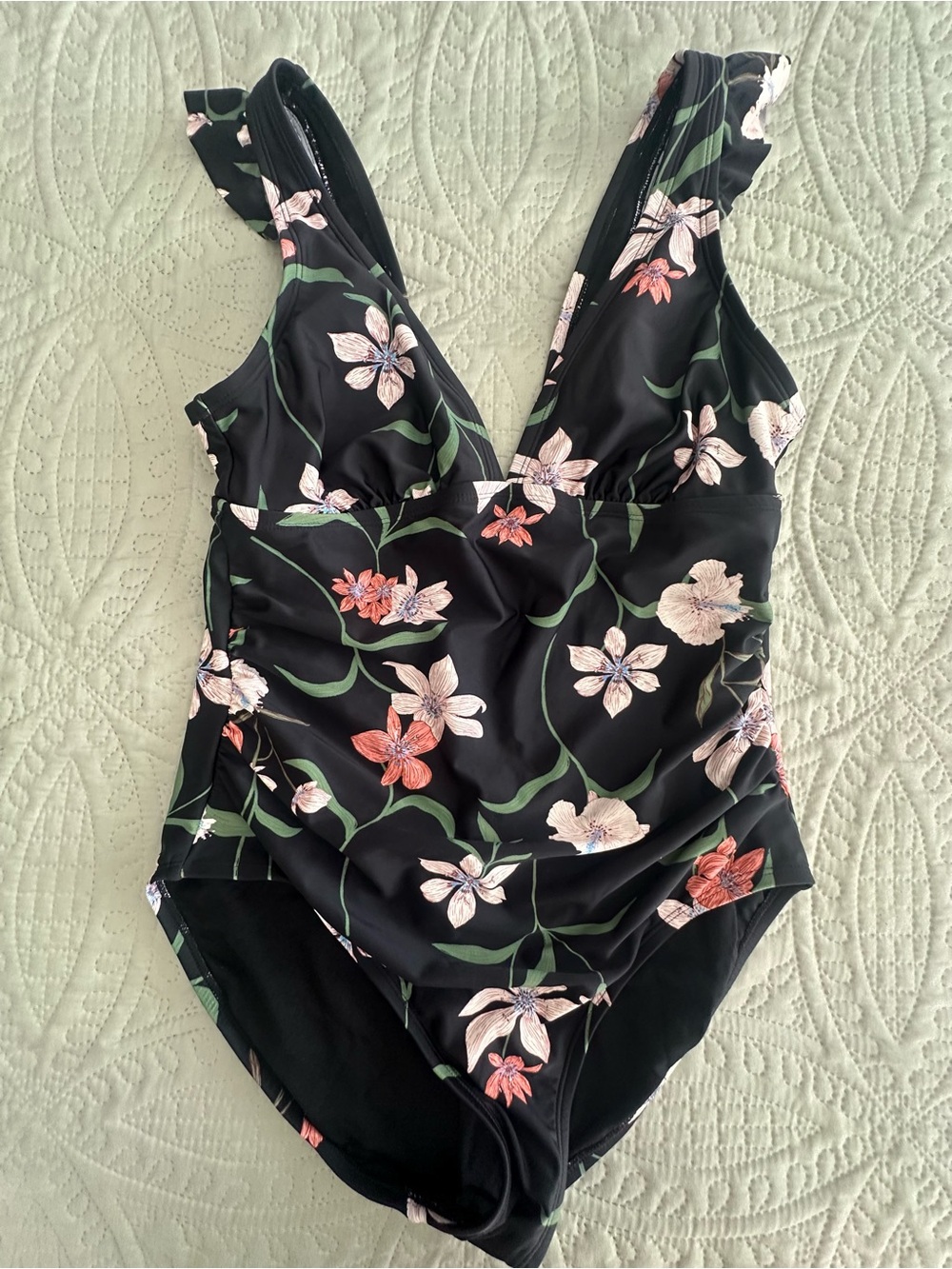 Black floral one piece bathing suit flutter sleeve size Lg by Shade & Shore
